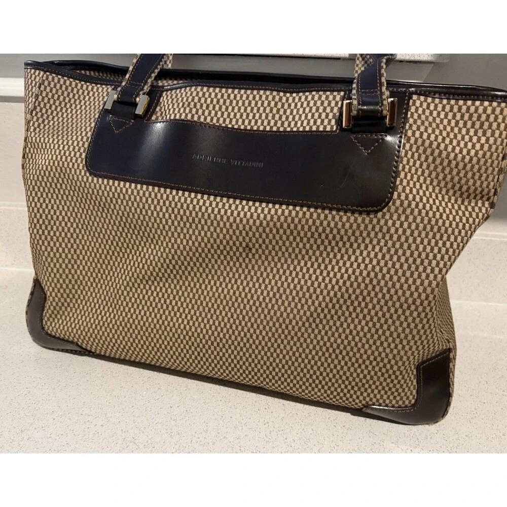 Adrienne Vittadini Work Bag Travel Tote Tan And Brown Woven Pattern Leather
